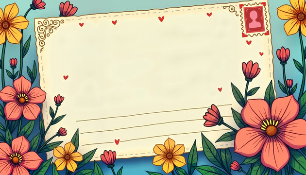 Handwritten postcard with floral illustration and decorative elements