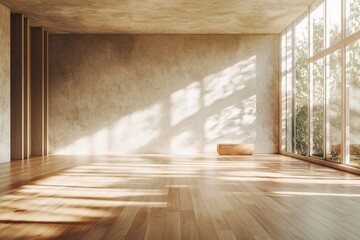 Fototapeta premium Sunlight Streams Through Large Windows into Minimalist Room with Wooden Floor and Concrete Walls, Creating Serene Atmosphere.