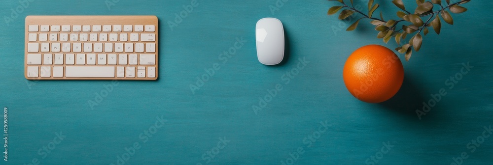 Poster scandinavian minimalist workspace wireless keyboard, mouse and orange on teal desk enhance focus and
