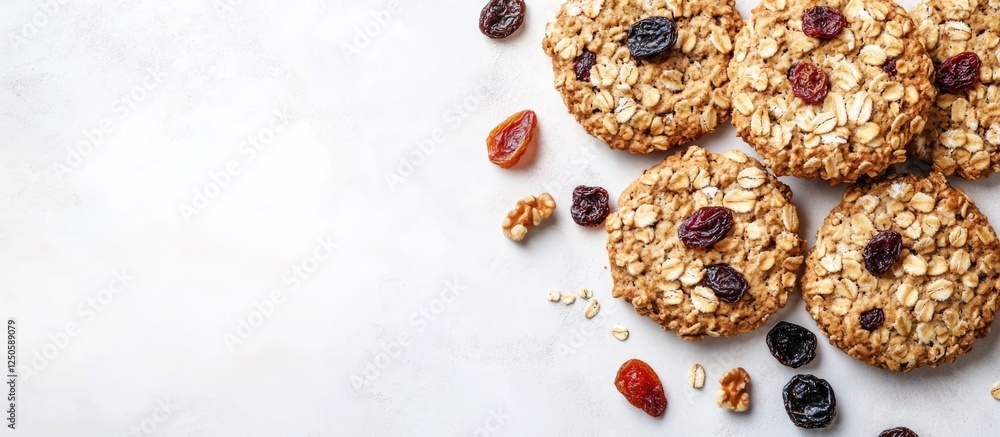 Poster oat fiber biscuit with dried fruits and nuts on a light background with empty space for text or bran