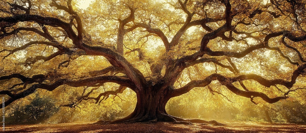 Aufkleber majestic ancient tree with intricate branch structure illuminated by golden light