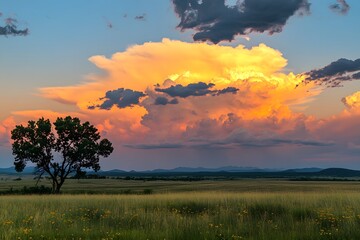 Sunset Prairie Storm Cloudscape, Lone Tree, Landscape