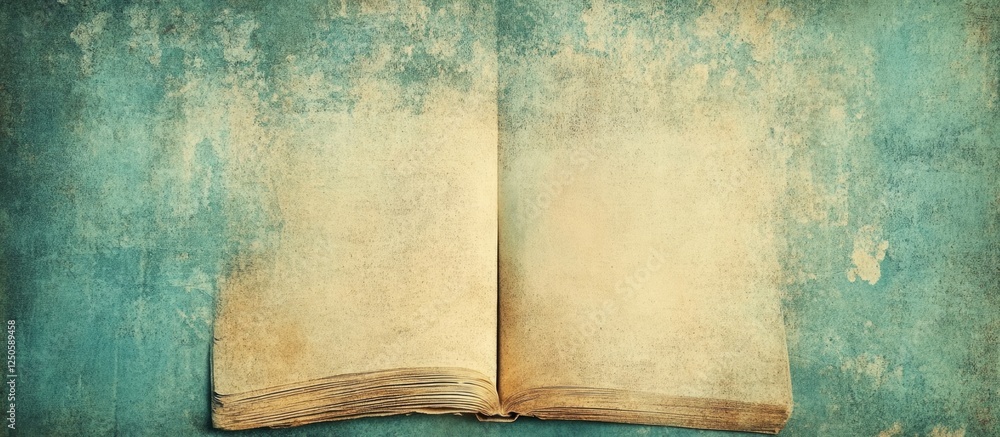 Poster vintage grunge paper background with textured blue wall and open book space for adding text or desig
