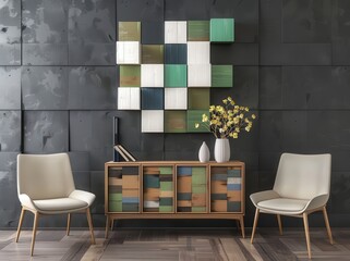 Modern living room interior with two white chairs. a wooden cabinet with geometric pattern. a colorful wall decor and a vase with yellow flowers on a dark grey wall