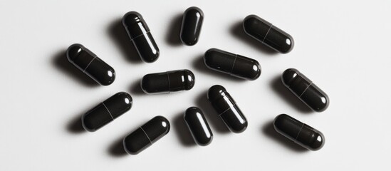 Natural activated charcoal capsules on a clean white background showcasing dietary supplements for health and wellness use.