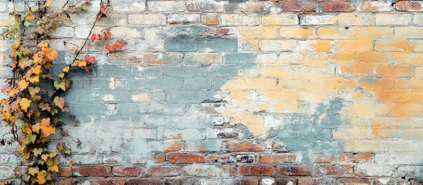 Fototapeta Textured vintage brick wall with peeling paint and ivy, perfect for rustic design backgrounds or architectural themes.