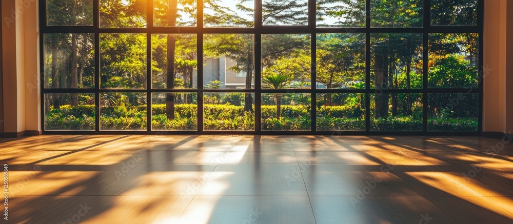 Poster minimalist architectural interior with large windows casting sunlight shadows creating a spacious at