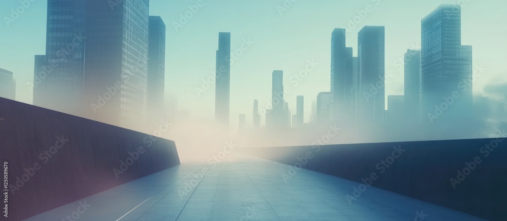Poster futuristic minimalist cityscape with subtle mist and copy space for creative text use