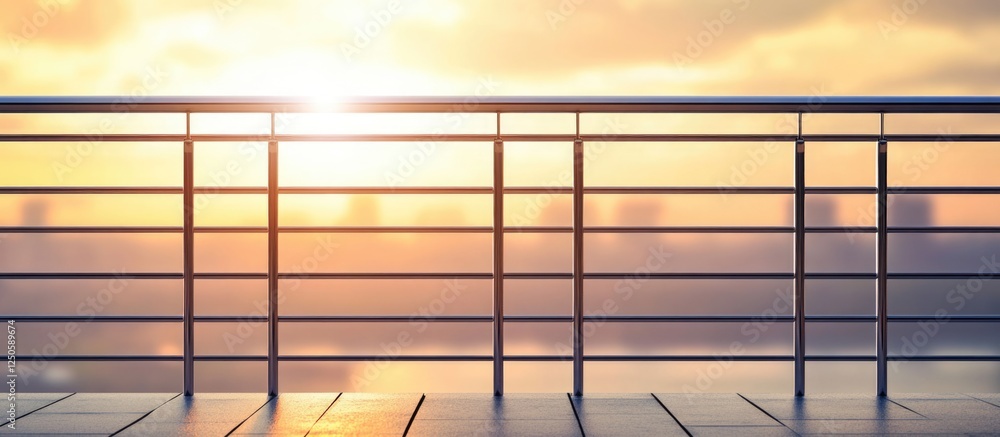 Poster modern metal railing against a soft sunrise background with copy space for text and design elements