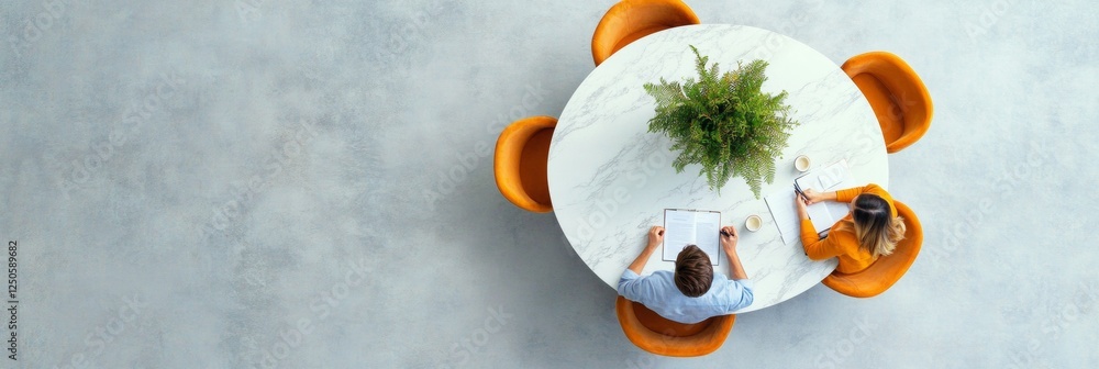 Poster contemporary collaborative workspace marble round table with strategic planning documents and coffee