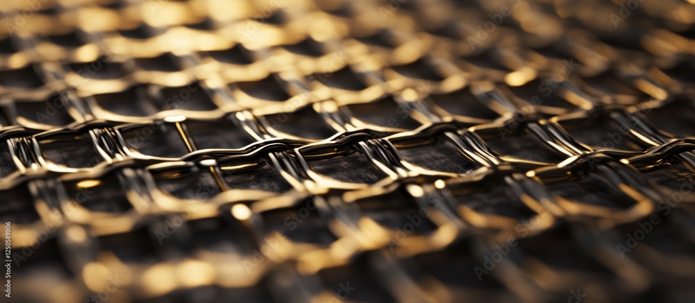 Poster intricate close-up of a textured metal net pattern with warm lighting highlighting the interwoven de