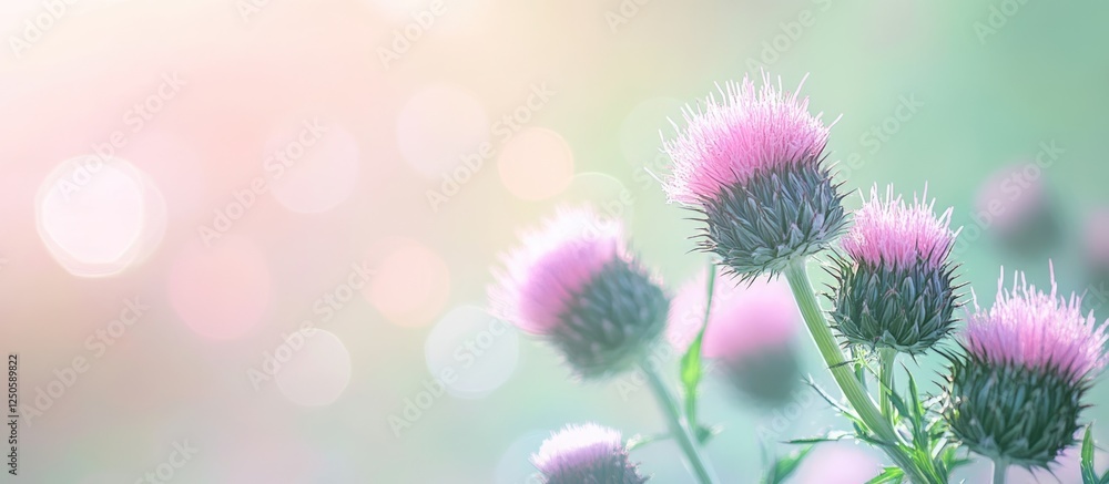 Aufkleber thistle flowers on a soft gradient backdrop with blurred colors providing a serene artistic backgrou