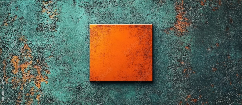 Poster metal surface with green rust vintage texture and rusty orange square for creative background design