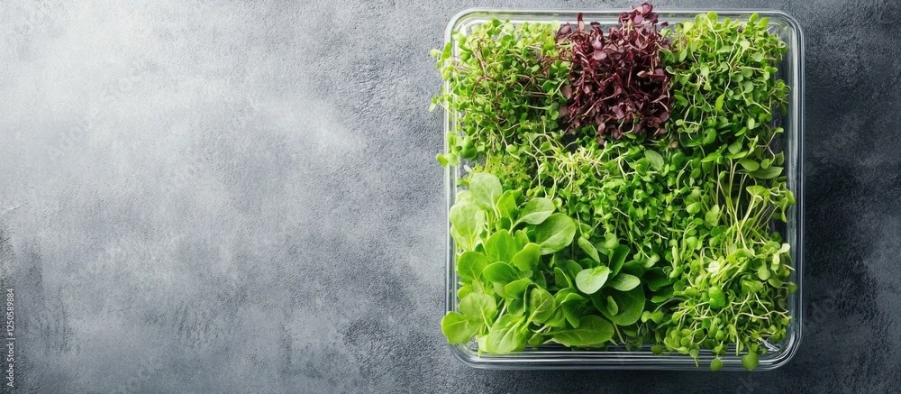 Poster mini salad bar display featuring fresh microgreens and assorted greens with blank space for custom t