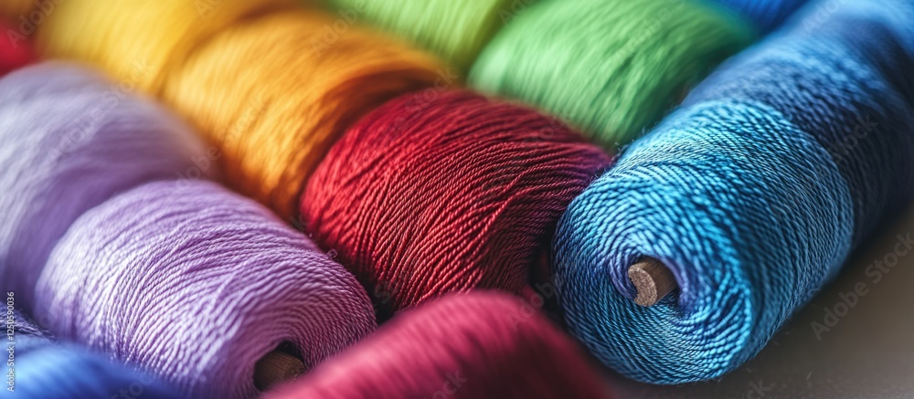 Poster multicolored spools of thread arranged in a row showcasing vibrant hues on a neutral background for 