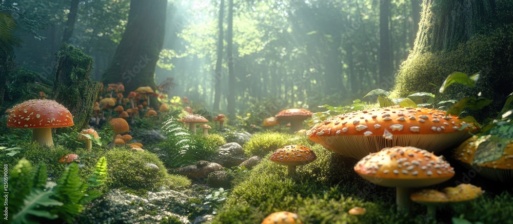 Poster vibrant mushrooms in a serene forest setting with dappled sunlight filtering through lush greenery a