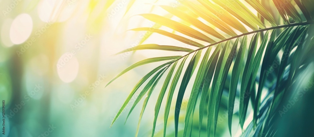 Poster close-up of a vibrant palm leaf in soft focus creating an abstract background with soothing colors a