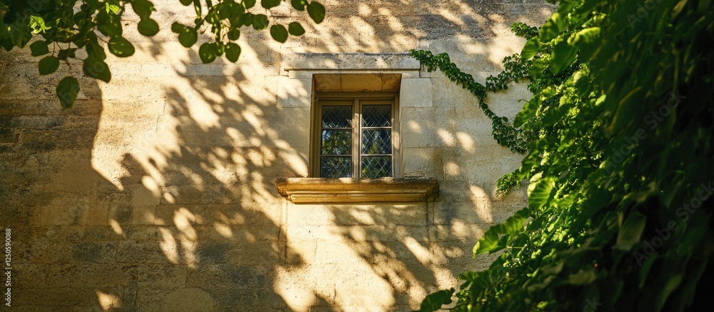 Poster tall narrow window framed by lush greenery on a limestone building with soft shadows highlighting it