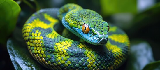 Fototapeta premium Eurasian grass snake Natrix natrix displaying vibrant green and yellow patterns in natural habitat with macro focus on features.