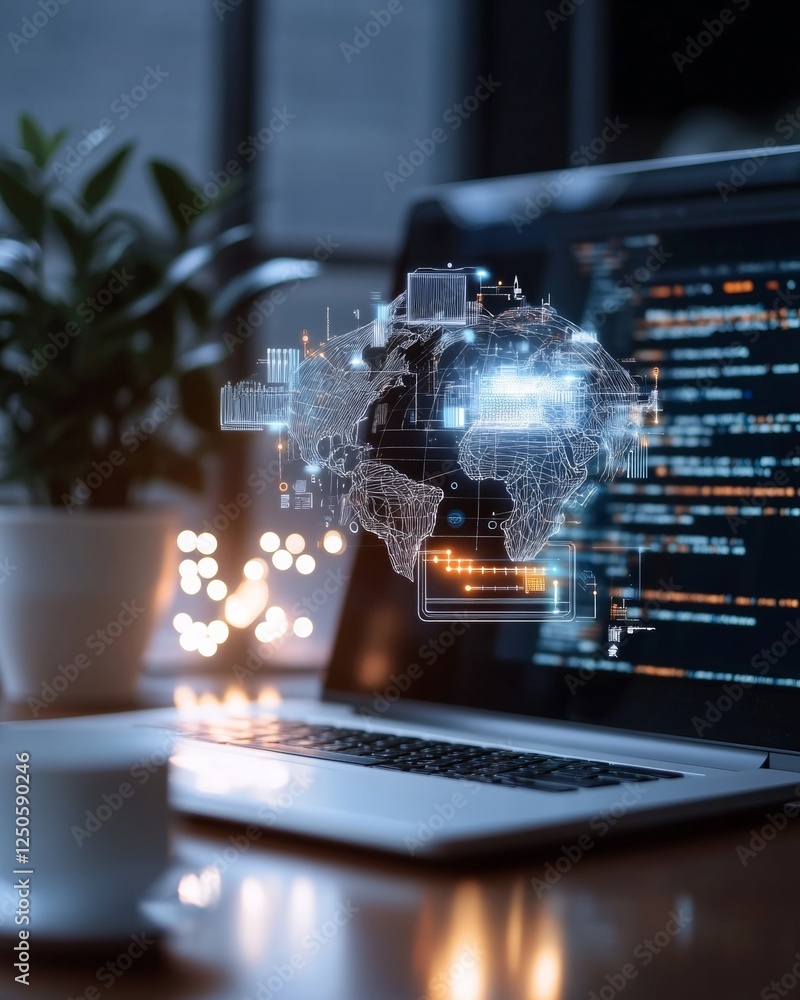 Aufkleber Futuristic Workplace Aesthetic Smart Tech Integration with Digital Graph over Laptop - Enhancing IoT Efficiency in Modern Office Environments