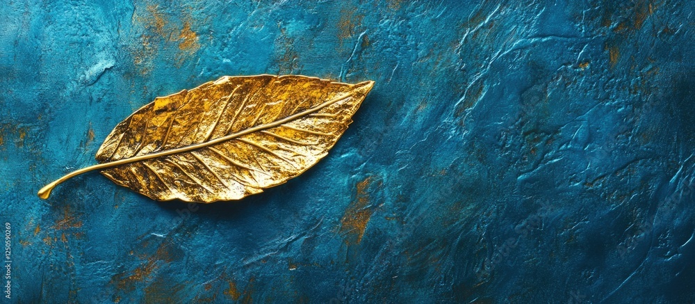 Aufkleber shiny golden leaf on textured blue background creating a striking contrast in elegance and color for