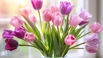 Fototapeta premium A collection of pink and purple tulips in a glass vase