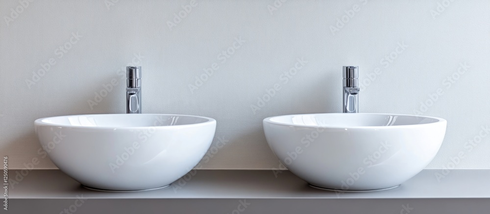 Poster minimalist bathroom design showcasing elegant modern white sinks with ample empty space for text pla