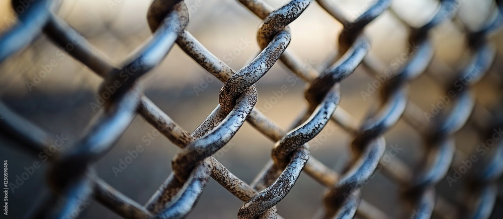Poster close-up of rusty metal chain link fence with blurred background showcasing texture and industrial d
