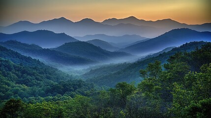 Obraz premium Misty mountain landscape at dawn showcasing peaks and valleys in high dynamic range with lush greenery and soft atmospheric lighting