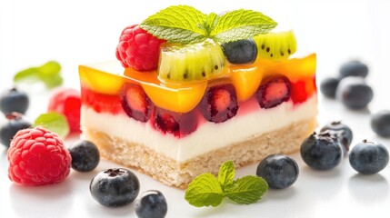 Colorful mini dessert slice garnished with fresh fruits and mint on a light background, perfect for summer treats or festive occasions.