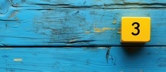 Yellow cube calendar displaying the number 3 on a vibrant blue wooden surface with ample copy space for text or design elements