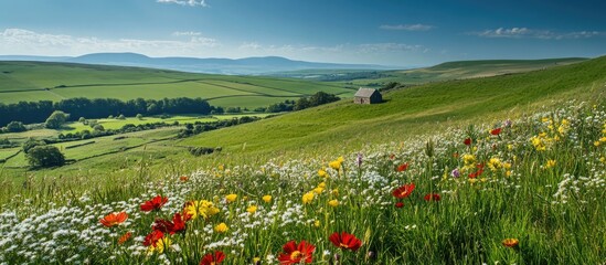Fototapeta premium Vibrant wildflowers blooming in a picturesque rural landscape under a clear blue sky