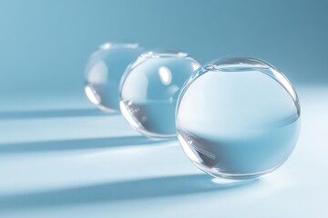 Beauty tech evolution: modern glass spheres on serene blue background representing breakthroughs in skincare innovations and holistic wellness solutions