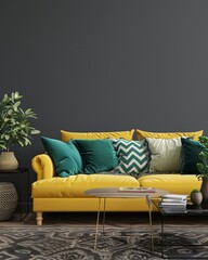 Yellow sofa with green and yellow pillows in a living room with a gray wall and wooden floors