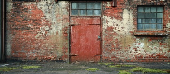 Naklejka premium Weathered brick factory wall with peeling paint and rustic red door featuring moss and aged textures, ideal for urban design backgrounds.