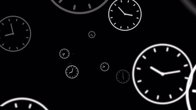Time passing effect on a transparent background, seamless loop. Simple Ticking round clocks flow into the camera, waiting, taking a lot of running time.