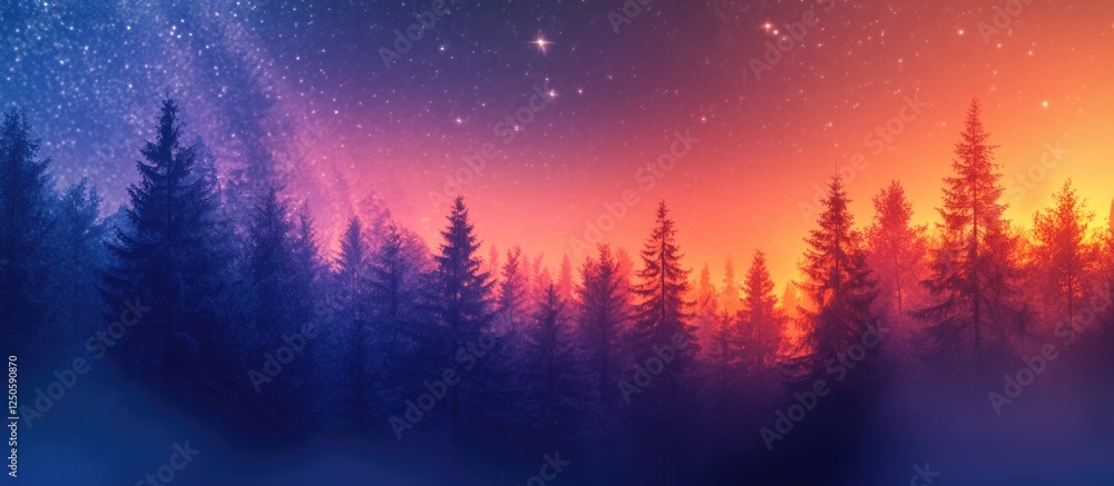 Poster neon illuminated forest with glowing trees under a starry sky creating a vibrant and enchanting atmo