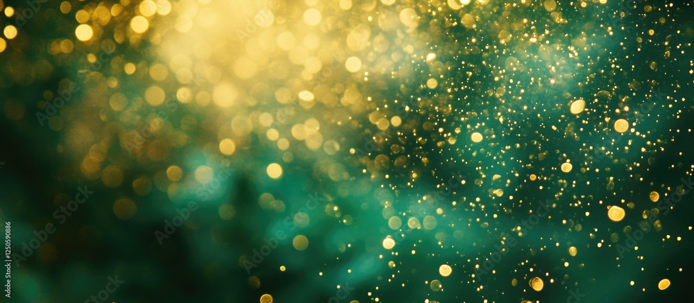 Poster luminous bokeh abstract design with golden and green hues creating a dreamy and festive background f