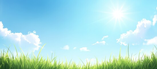 Obraz premium Lush green grass under a clear blue sky with fluffy clouds and bright sunlight creating a serene natural landscape background.