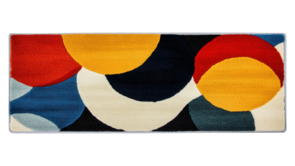 Bold overlapping circular patterns in an abstract rug design, vibrant colors, seamless integration for diverse interior styles, versatile decor element