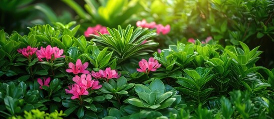Vibrant summer scene featuring lush green foliage and blooming pink flowers under bright sunlight in a natural garden setting