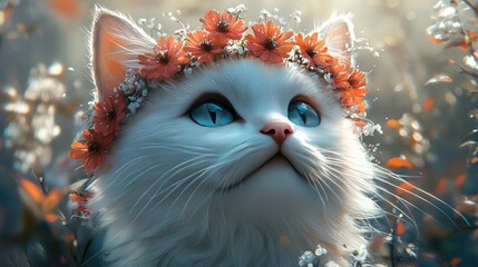A white cat with a fluffy tail sits gracefully surrounded by a bouquet of colorful flowers,
