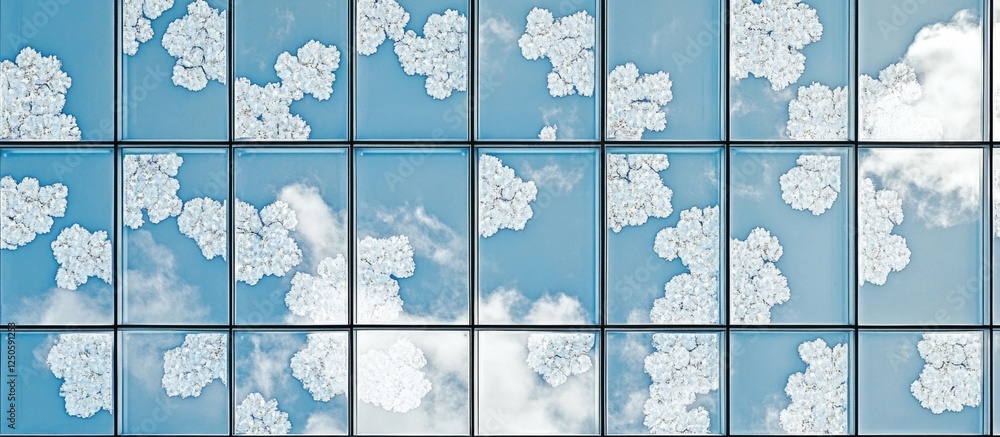 Poster reflective office building windows showcasing a patterned view of clouds and blue sky in a modern ur