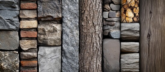 Textured wall showcasing a variety of natural materials including bricks, stones, wood, and bark for retro wallpaper and construction designs.