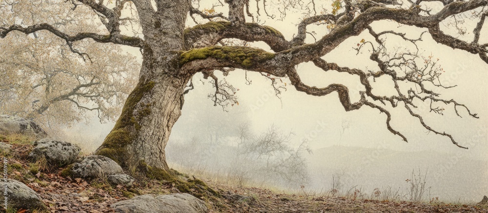 Poster majestic leafless tree covered in moss creating an atmospheric moody landscape with mist and rocky t