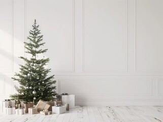 A decorated Christmas tree stands in a minimalist white room with wrapped gifts on the floor The white wall provides space for text or graphics