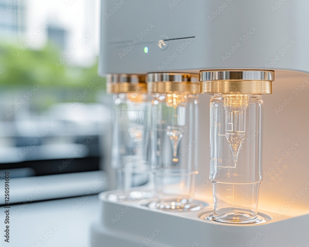 Leinwandbilder Smart Minimalist Lab Automated Glass Vial Station in Sleek Golden Accents Data-Driven Solutions for Cutting-edge Biomedical Research and Streamlined Laboratory Efficiency