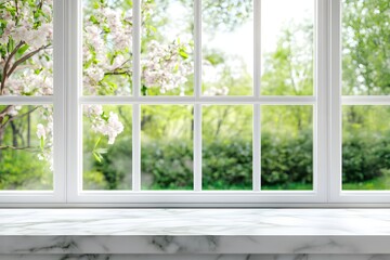 Fototapeta premium Spring view, marble windowsill, garden, sunlight, product display