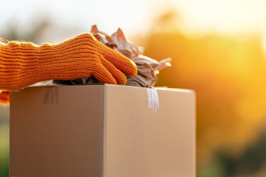Warm Community Relief Volunteers in Cozy Knits Packing Cardboard Boxes with Non-Perishables - Social Outreach Imagery and Hunger Alleviation Strategy
