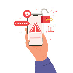 Hand holding a mobile phone with pin to verify their id and security access. Vector illustration. 